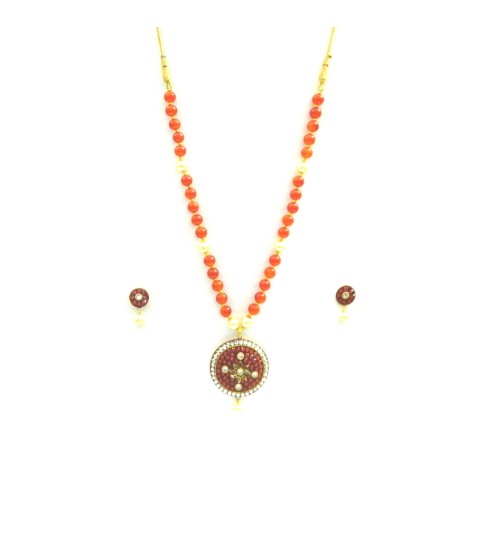 Pendent Set with Earrings, D1-X2, Red and Gold Color, Fashion Jewelry
